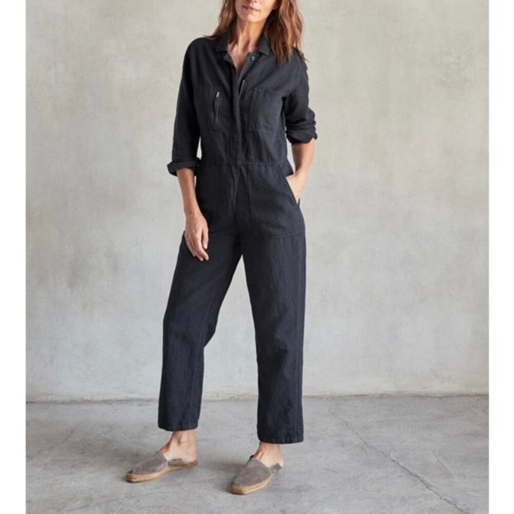 Outerknown Station Jumpsuit Black Organic Cotton Linen Utility Coverall Large